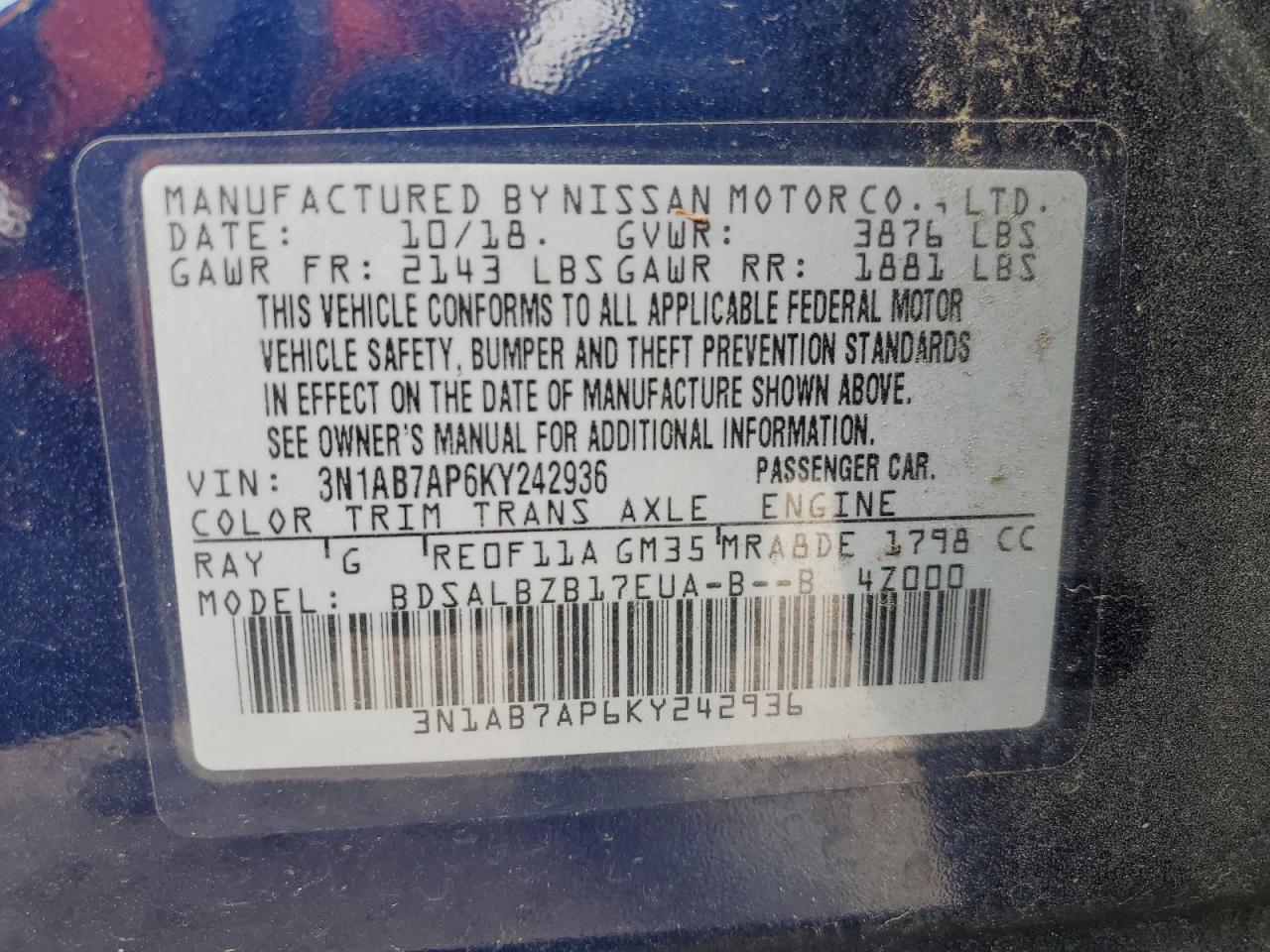 3N1AB7AP6KY242936 2019 Nissan Sentra S