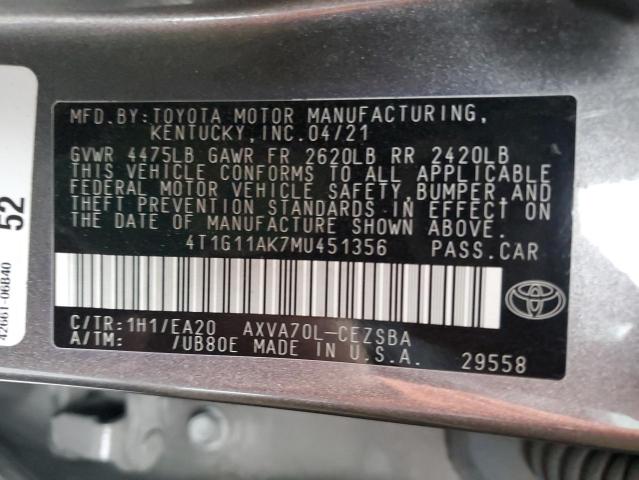 VIN 4T1G11AK7MU451356 2021 Toyota Camry, SE no.12