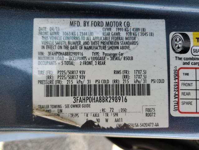 2011 Ford Fusion Se VIN: 3FAHP0HA8BR298916 Lot: 55598184