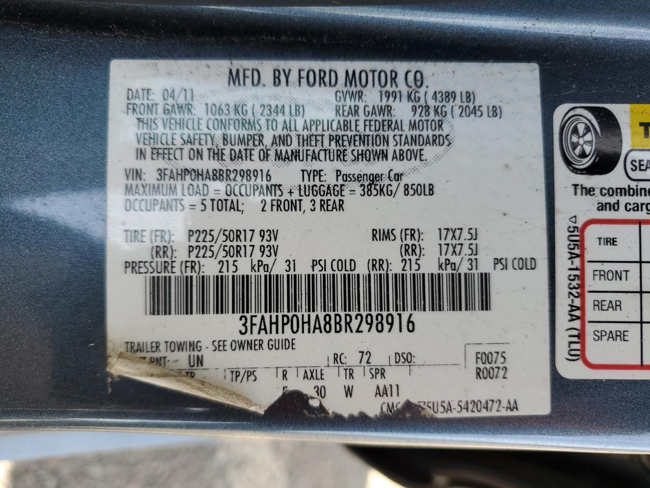 3FAHP0HA8BR298916 2011 Ford Fusion Se