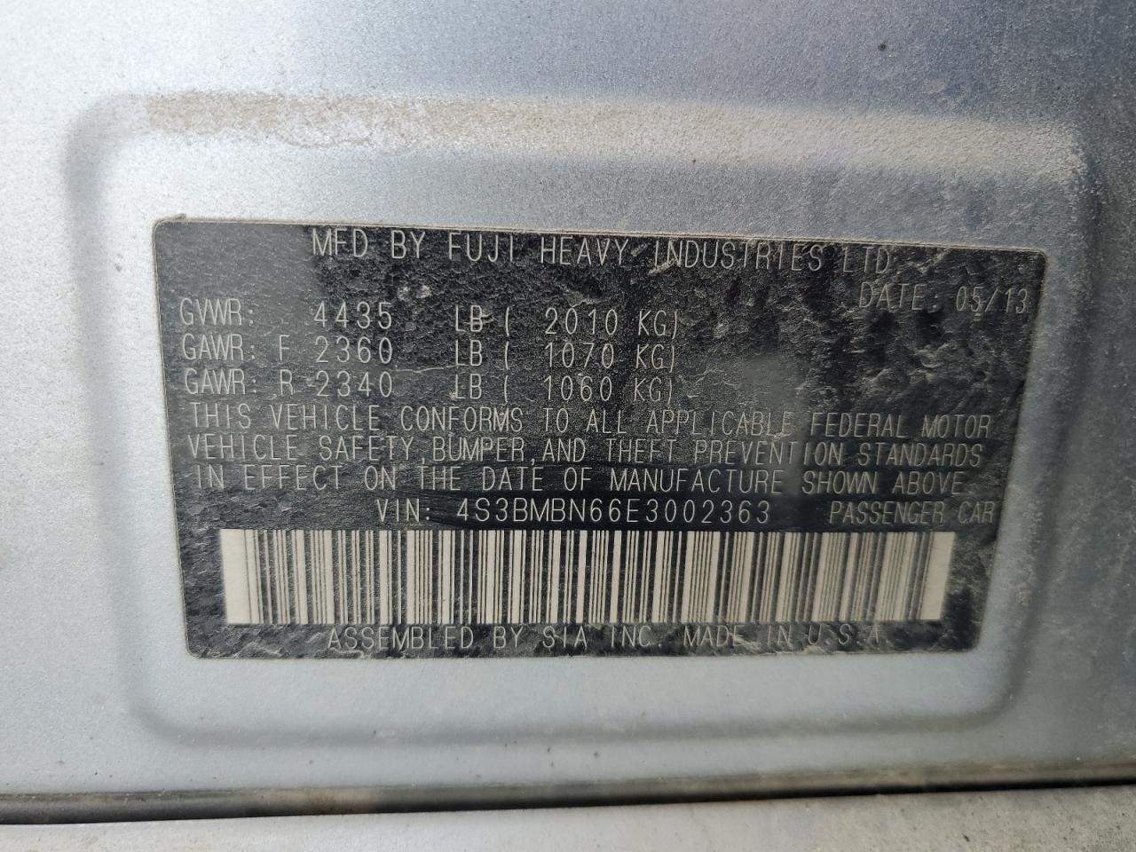 4S3BMBN66E3002363 2014 Subaru Legacy 2.5I Limited