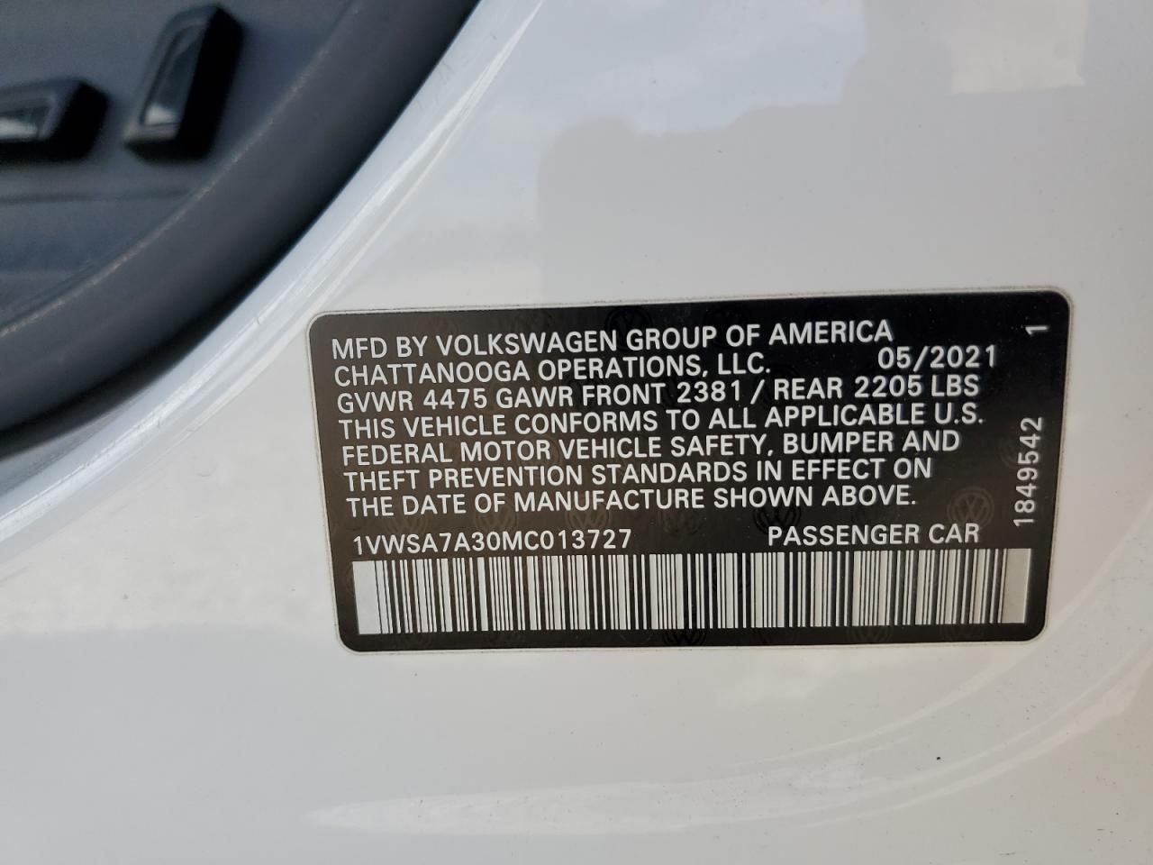 1VWSA7A30MC013727 2021 Volkswagen Passat Se