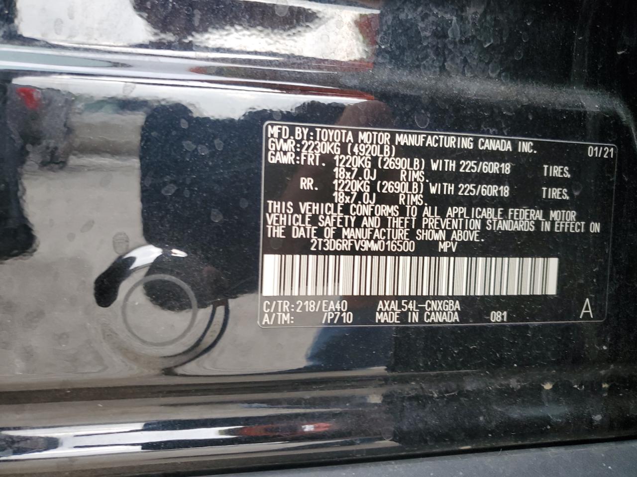 2T3D6RFV9MW016500 2021 Toyota Rav4 Limited