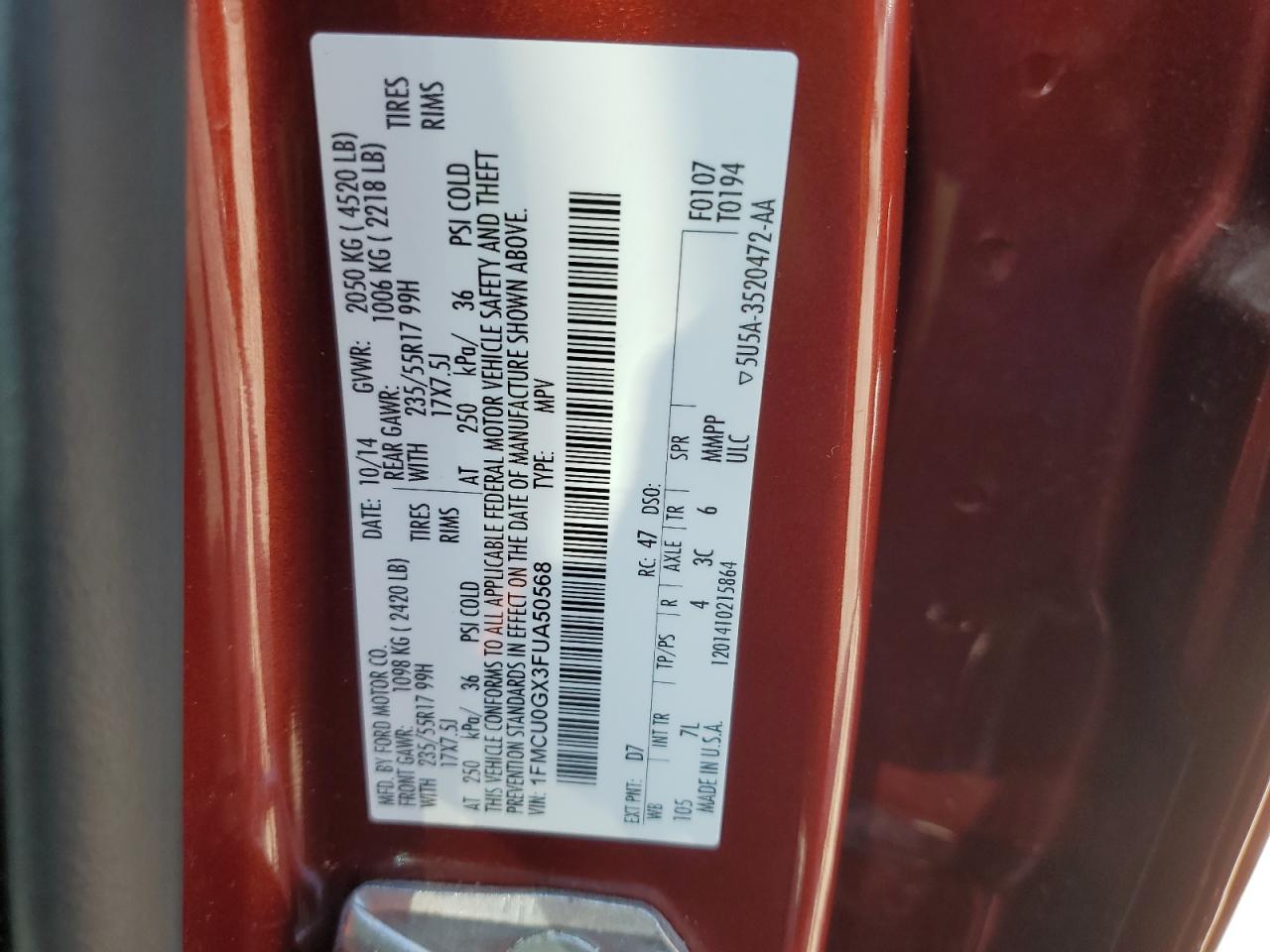 1FMCU0GX3FUA50568 2015 Ford Escape Se