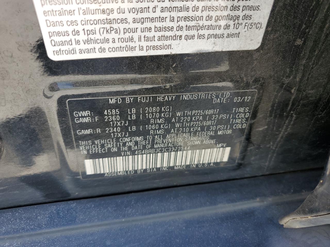 4S4BRBJC3C3272544 2012 Subaru Outback 2.5I Limited