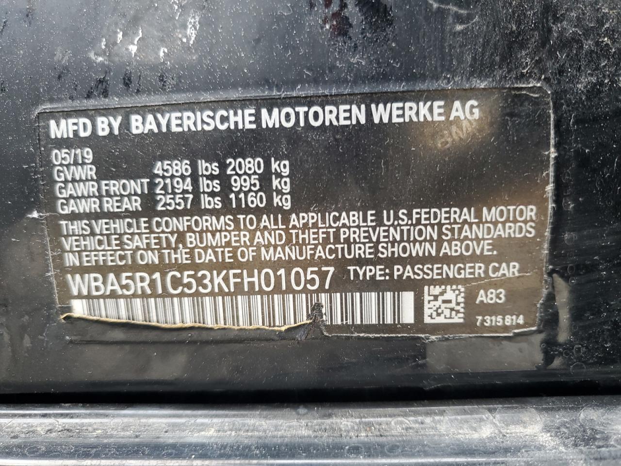 WBA5R1C53KFH01057 2019 BMW 330I