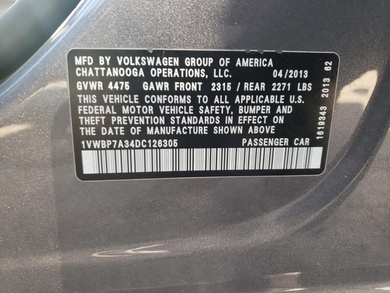 1VWBP7A34DC126305 2013 Volkswagen Passat Se