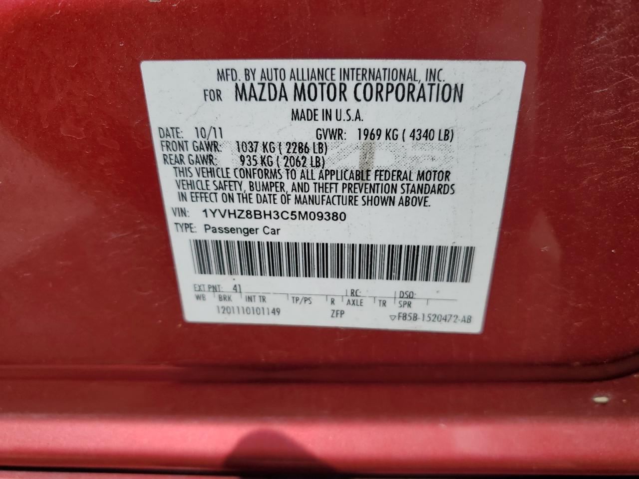 1YVHZ8BH3C5M09380 2012 Mazda 6 I