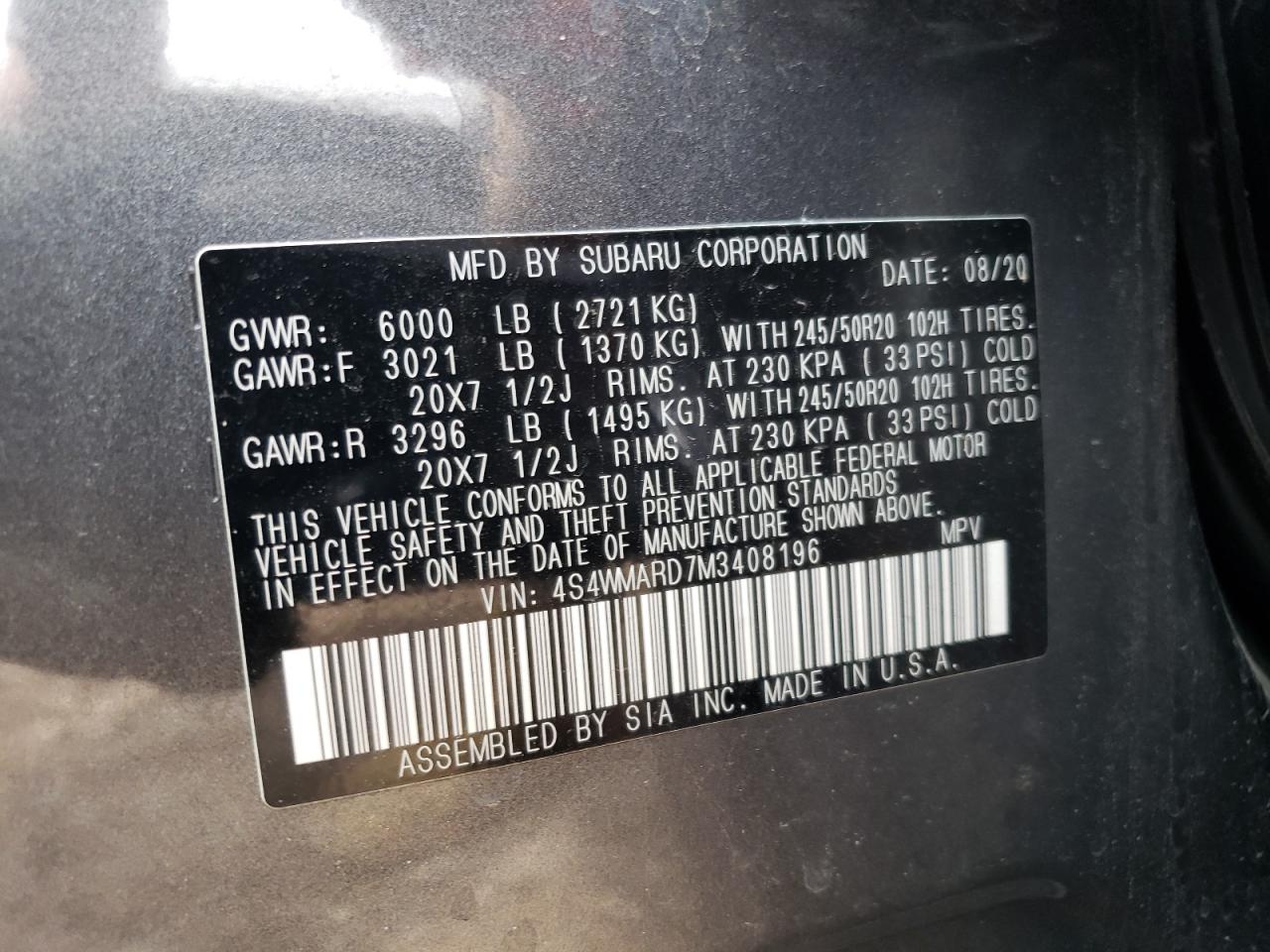 4S4WMARD7M3408196 2021 Subaru Ascent Touring