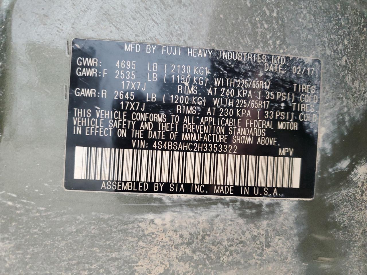 4S4BSAHC2H3353322 2017 Subaru Outback 2.5I Premium