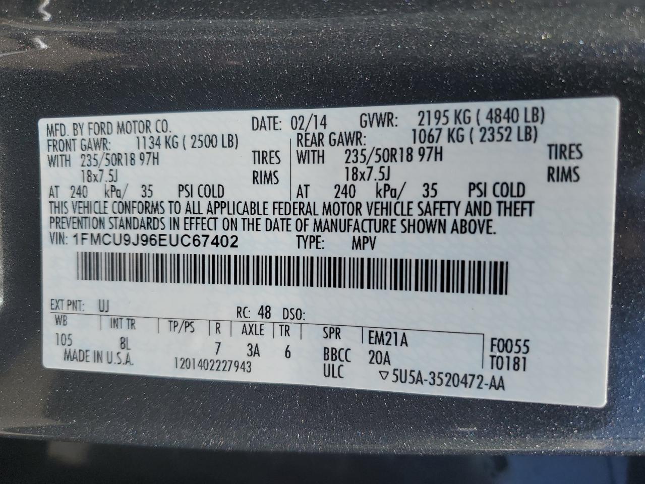 1FMCU9J96EUC67402 2014 Ford Escape Titanium