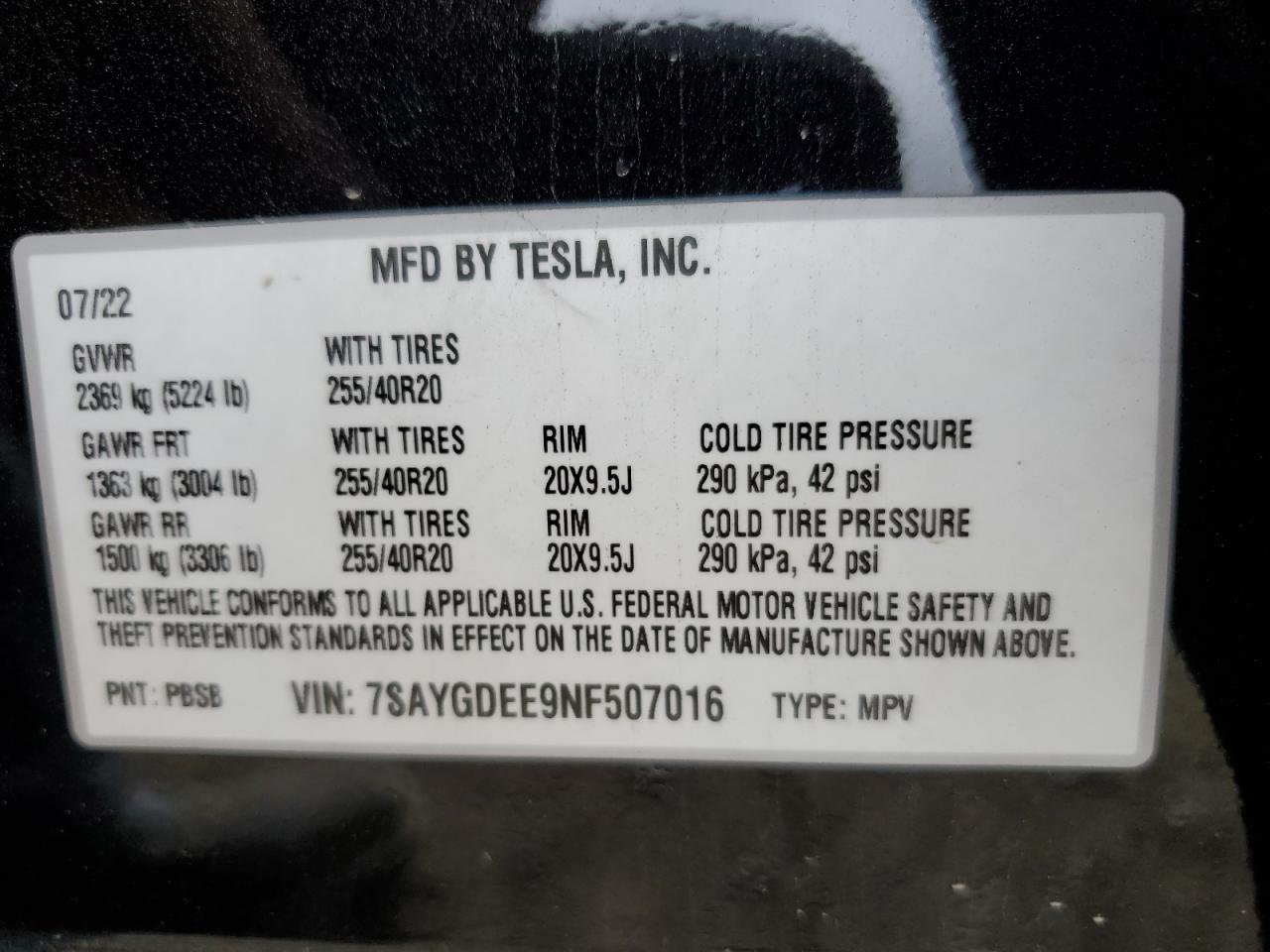 7SAYGDEE9NF507016 2022 Tesla Model Y