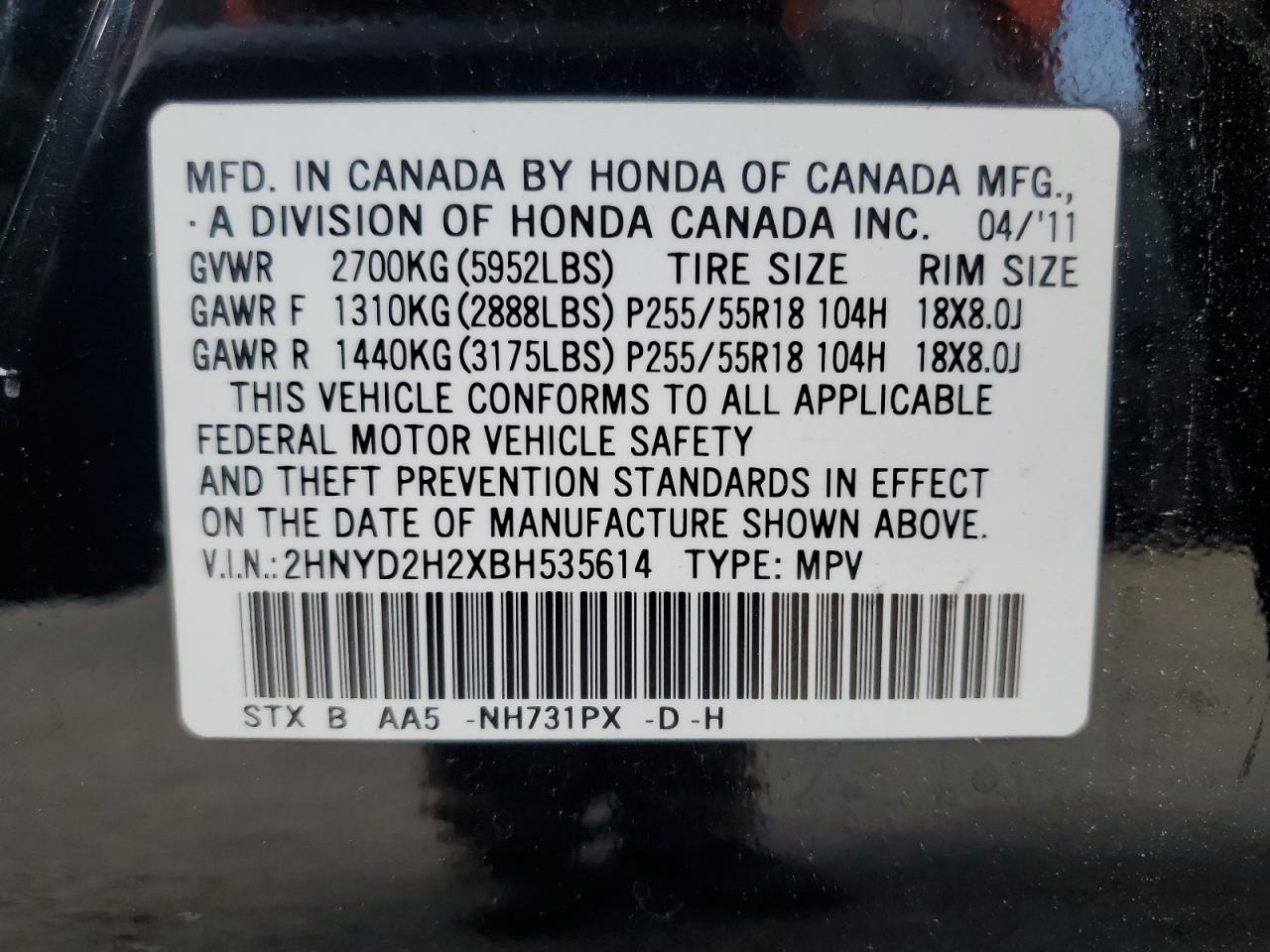 2HNYD2H2XBH535614 2011 Acura Mdx