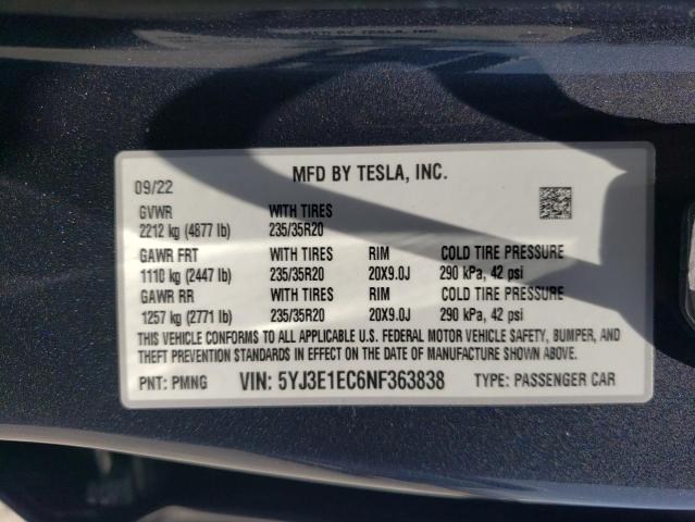 2022 Tesla Model 3 VIN: 5YJ3E1EC6NF363838 Lot: 56702774