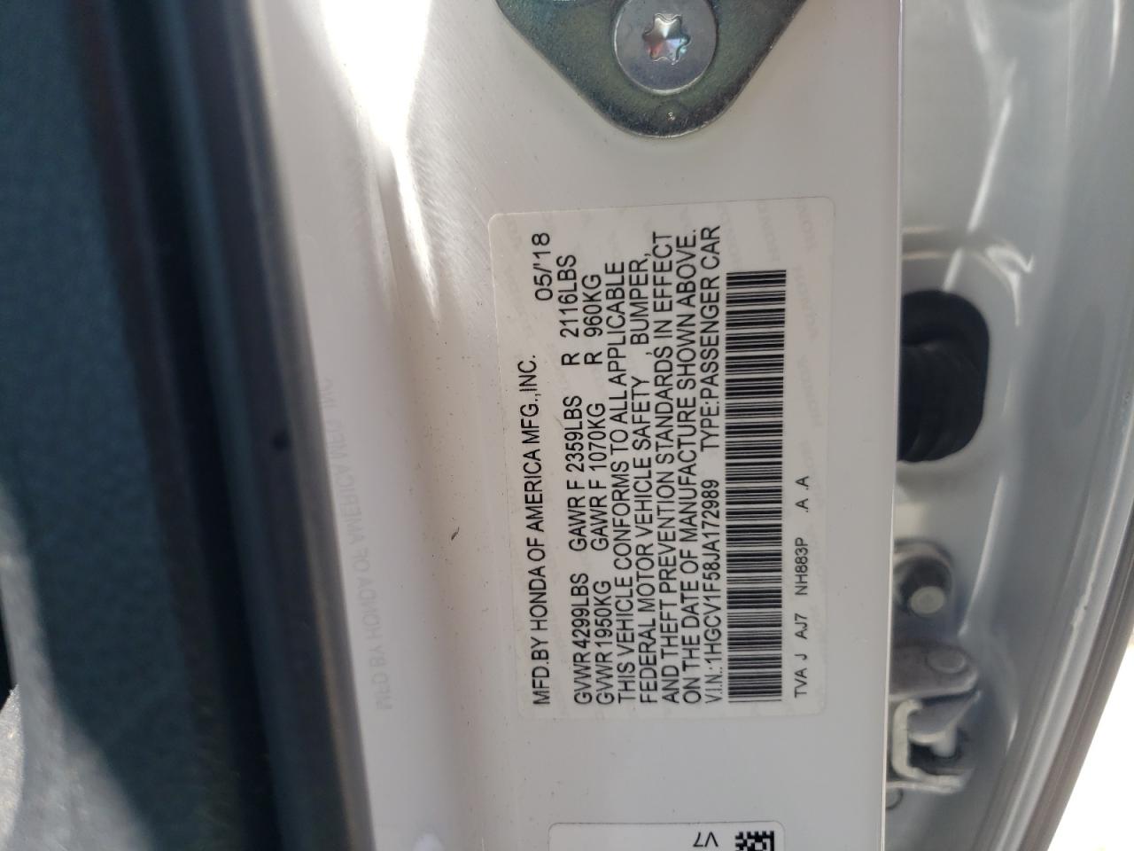 1HGCV1F58JA172989 2018 Honda Accord Exl