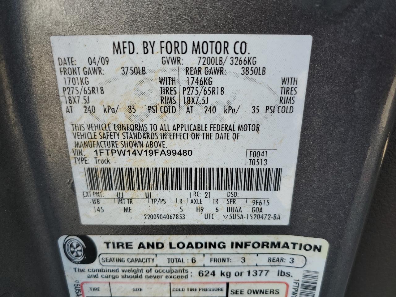 1FTPW14V19FA99480 2009 Ford F150 Supercrew