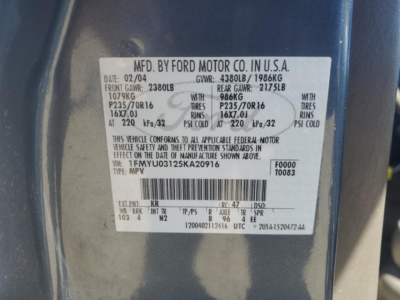 1FMYU03125KA20916 2005 Ford Escape Xlt