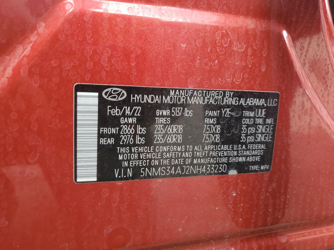 5NMS34AJ2NH433230 2022 Hyundai Santa Fe Sel