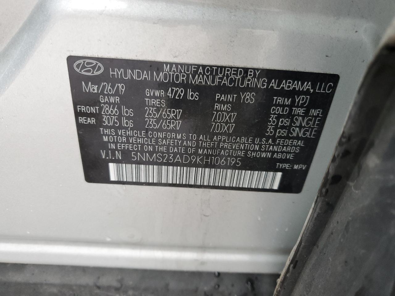 5NMS23AD9KH106195 2019 Hyundai Santa Fe Se