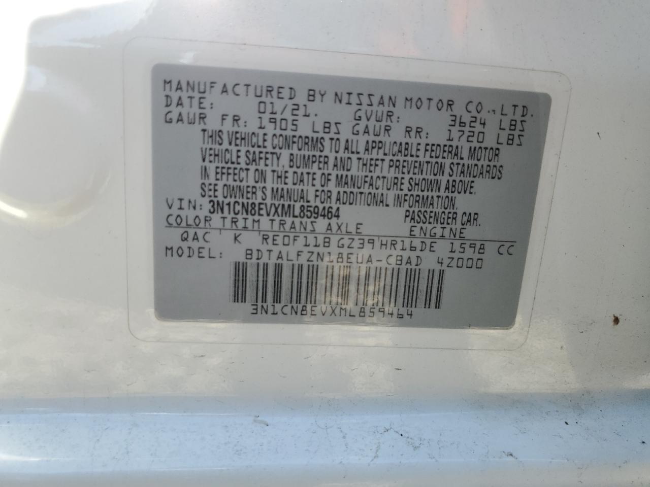 3N1CN8EVXML859464 2021 Nissan Versa Sv