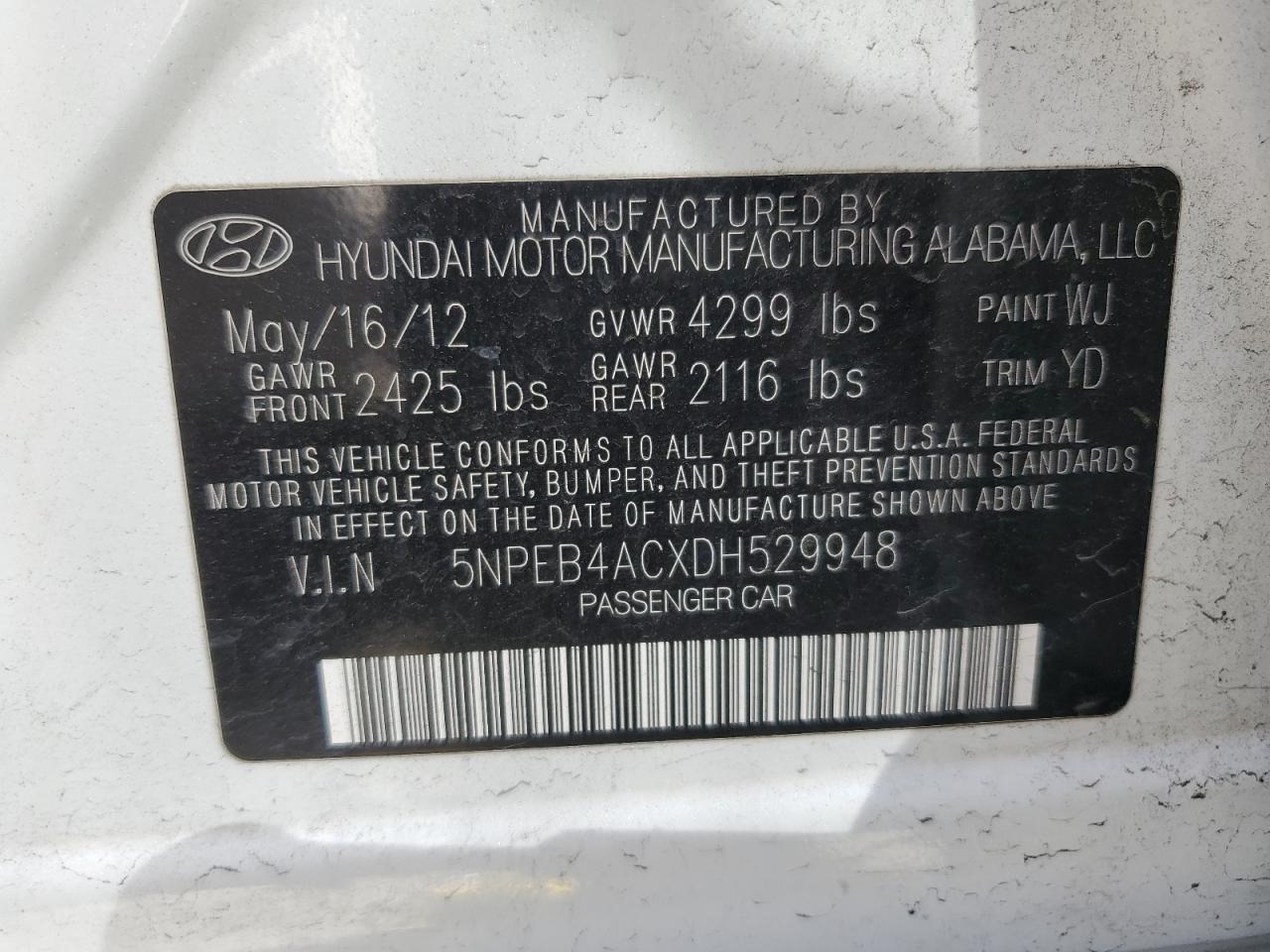 5NPEB4ACXDH529948 2013 Hyundai Sonata Gls