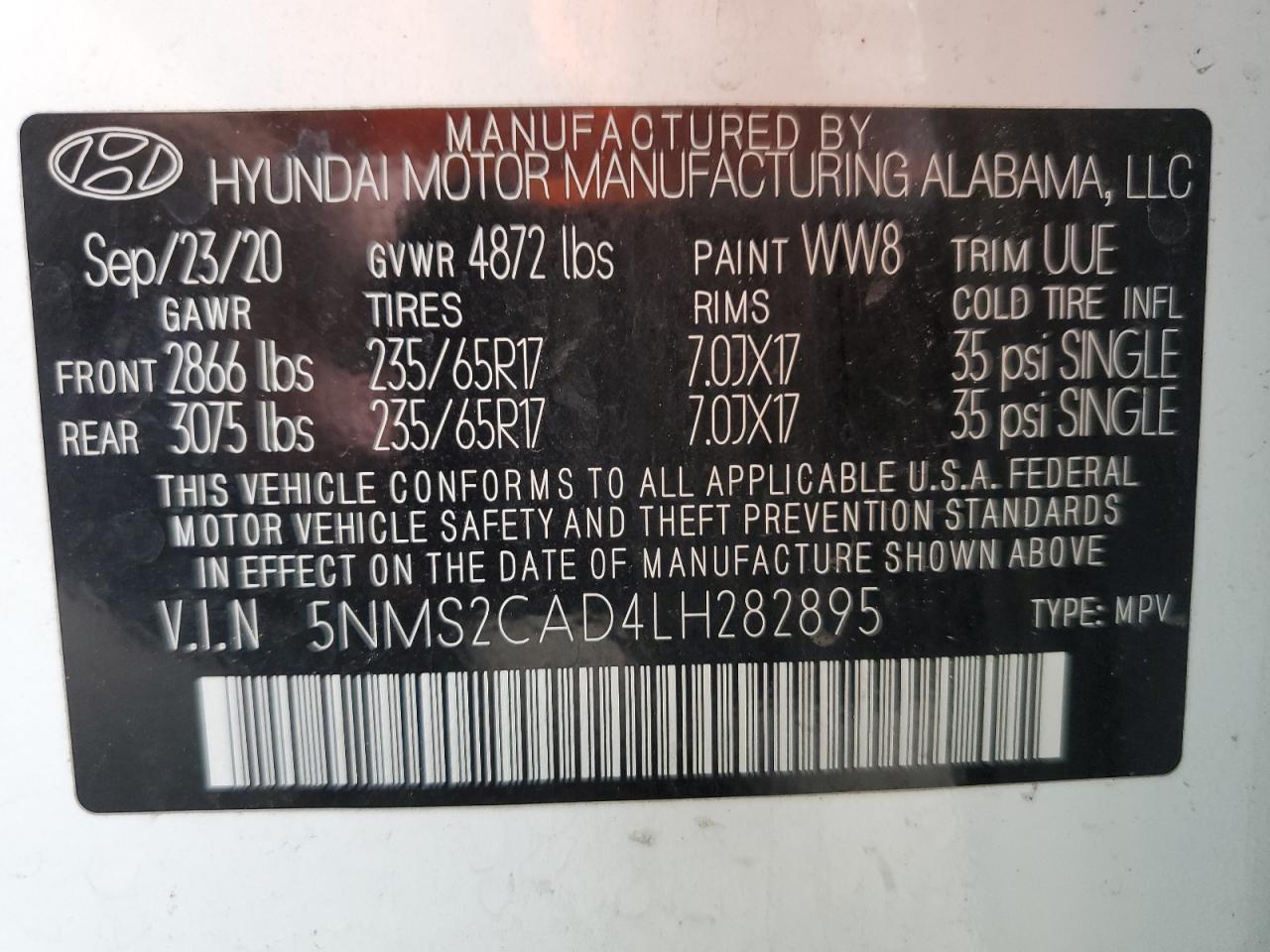 5NMS2CAD4LH282895 2020 Hyundai Santa Fe Se