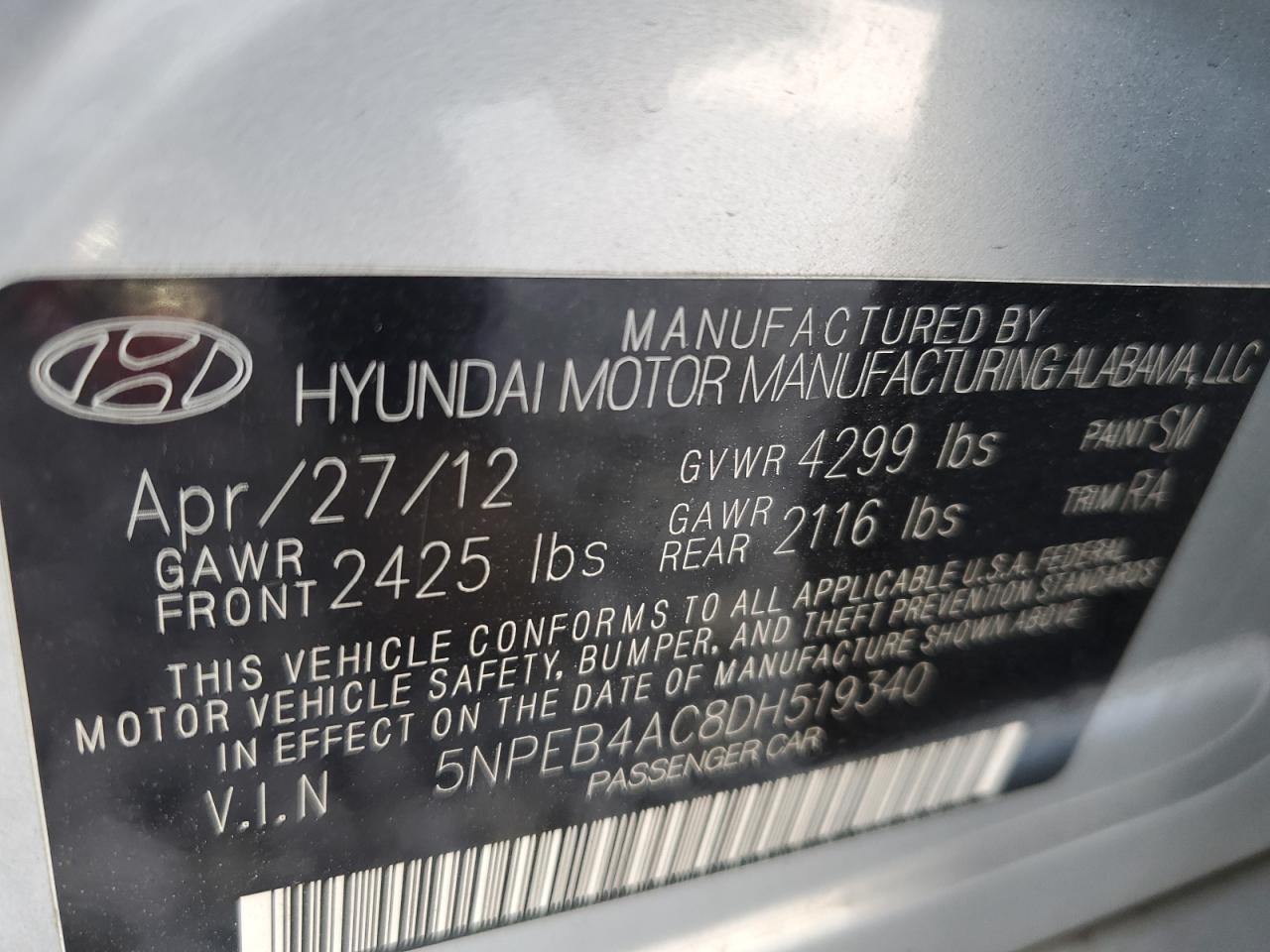 5NPEB4AC8DH519340 2013 Hyundai Sonata Gls