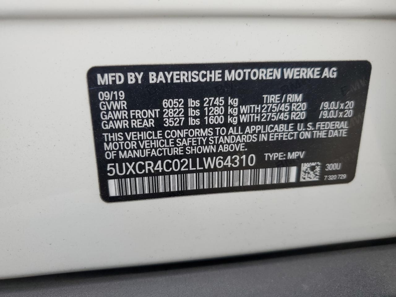 5UXCR4C02LLW64310 2020 BMW X5 Sdrive 40I