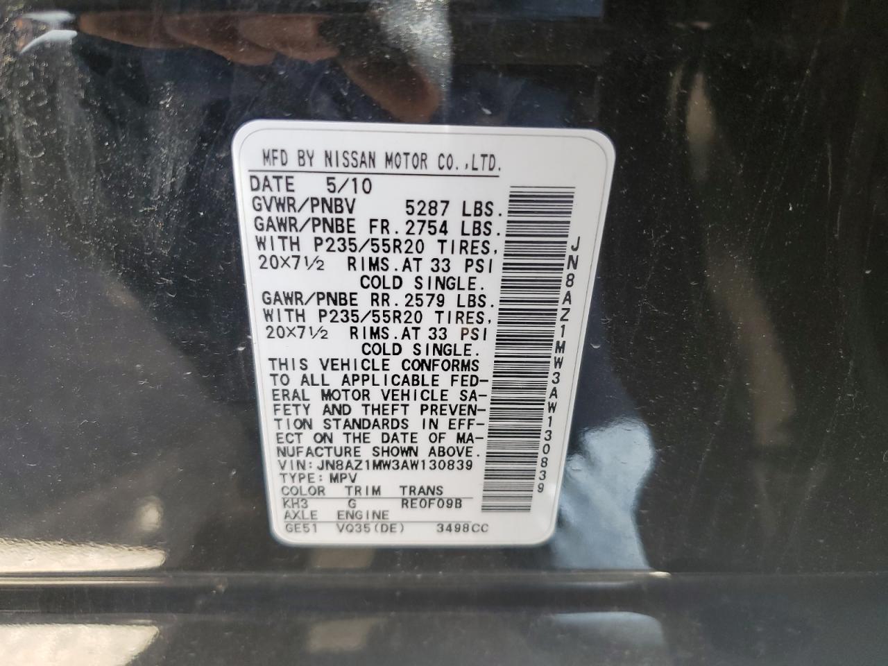 JN8AZ1MW3AW130839 2010 Nissan Murano S