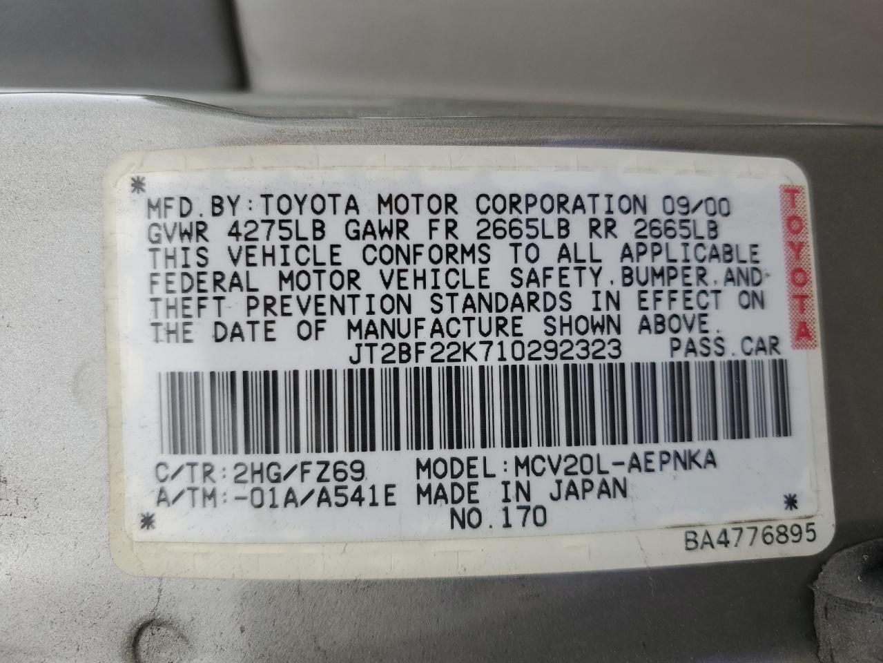 JT2BF22K710292323 2001 Toyota Camry Ce