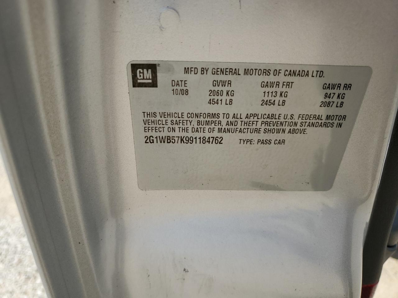 2G1WB57K991184762 2009 Chevrolet Impala Ls