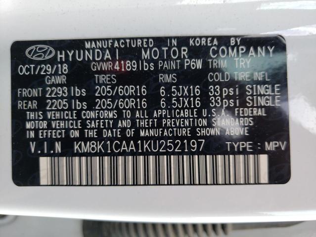 2019 Hyundai Kona Se VIN: KM8K1CAA1KU252197 Lot: 54140864