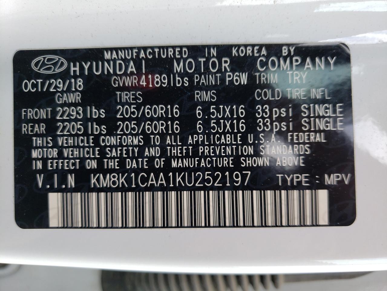 KM8K1CAA1KU252197 2019 Hyundai Kona Se