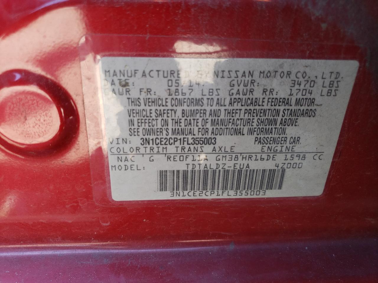 3N1CE2CP1FL355003 2015 Nissan Versa Note S