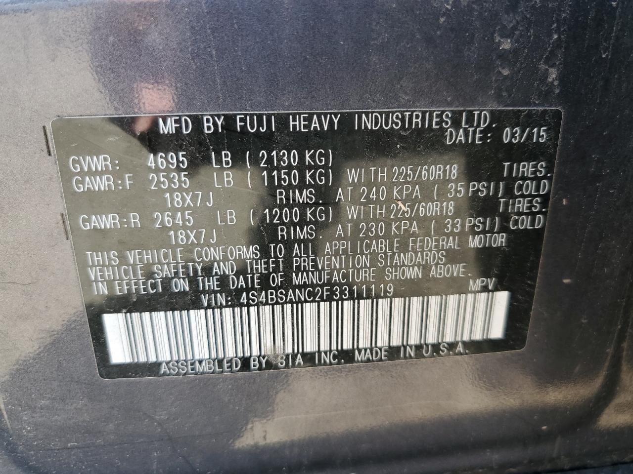 4S4BSANC2F3311119 2015 Subaru Outback 2.5I Limited