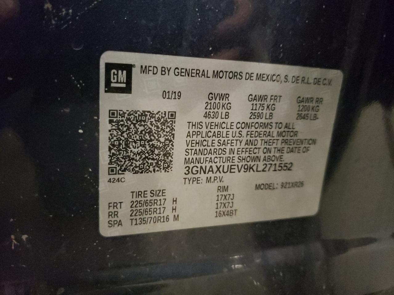 3GNAXUEV9KL271552 2019 Chevrolet Equinox Lt