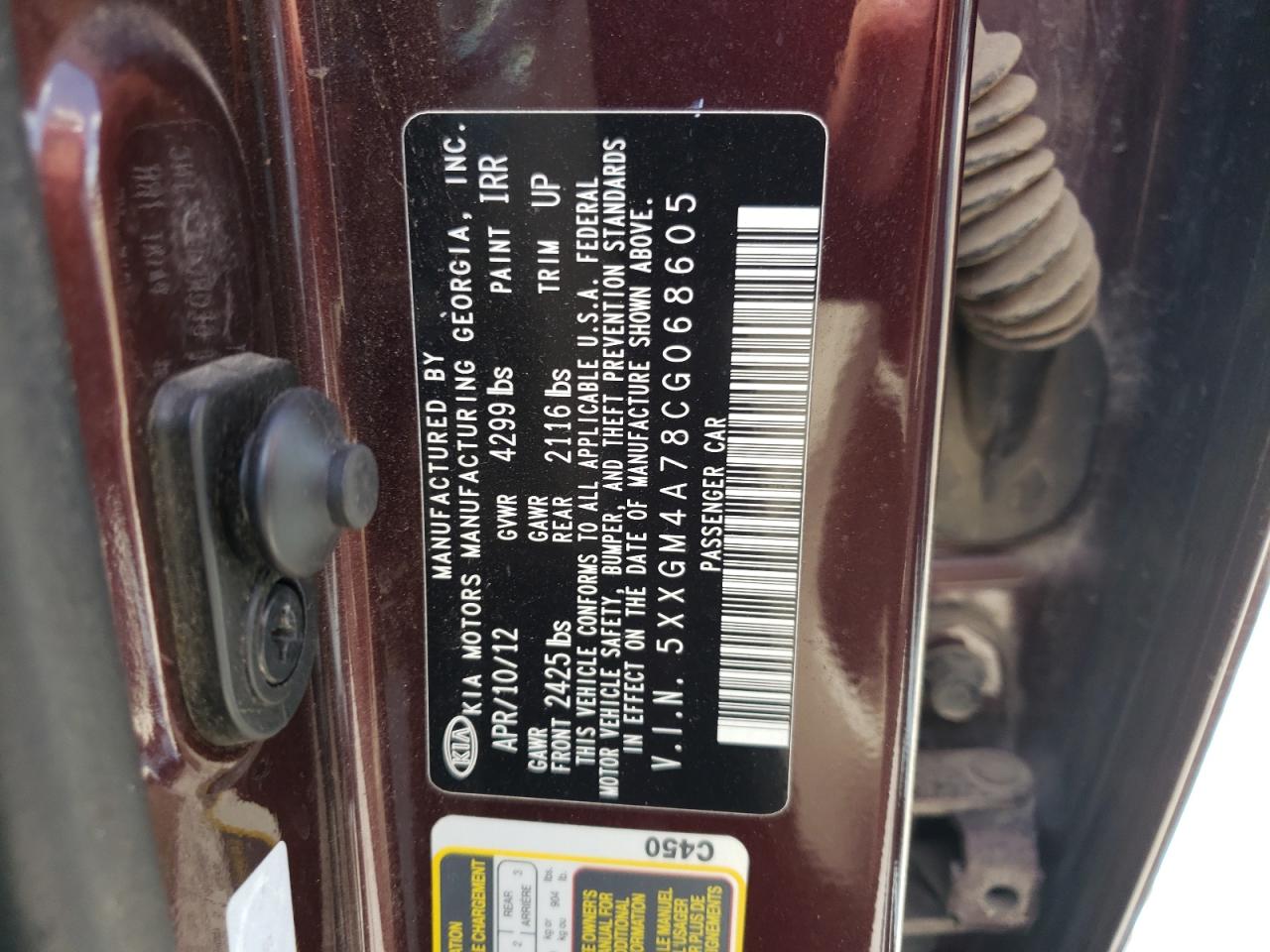 5XXGM4A78CG068605 2012 Kia Optima Lx