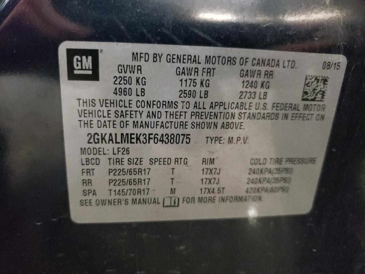 2GKALMEK3F6438075 2015 GMC Terrain Sle