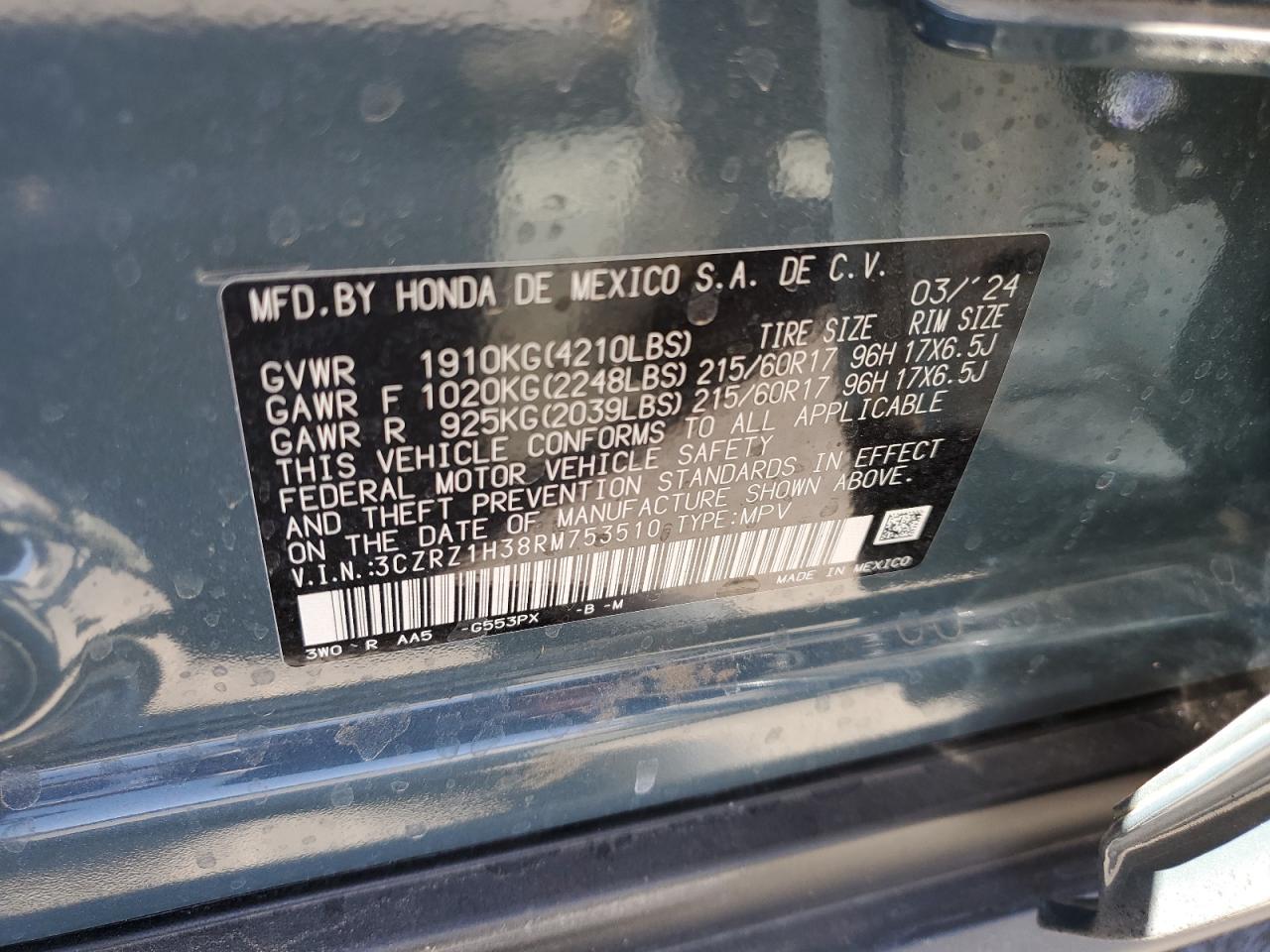 3CZRZ1H38RM753510 2024 Honda Hr-V Lx