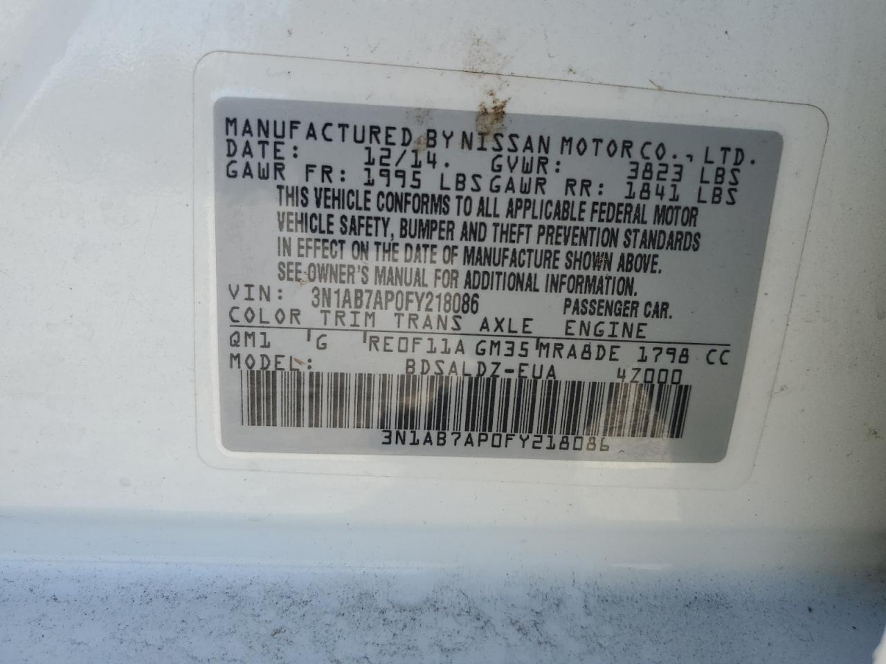 3N1AB7AP0FY218086 2015 Nissan Sentra S