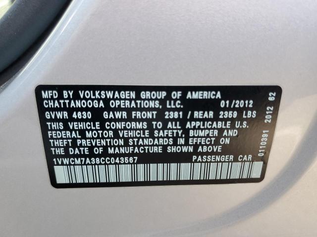 2012 Volkswagen Passat Sel VIN: 1VWCM7A38CC043567 Lot: 53857724