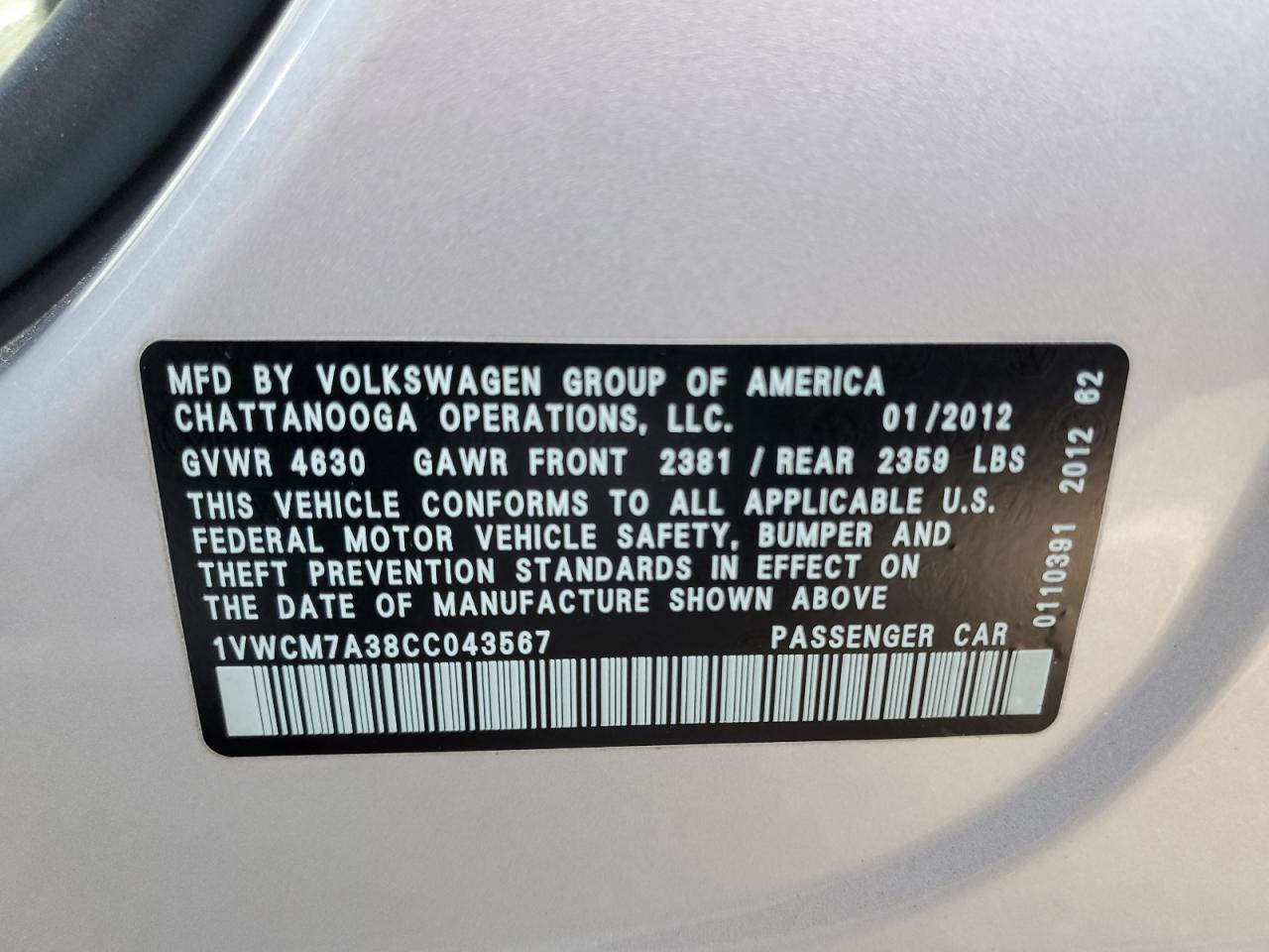 1VWCM7A38CC043567 2012 Volkswagen Passat Sel