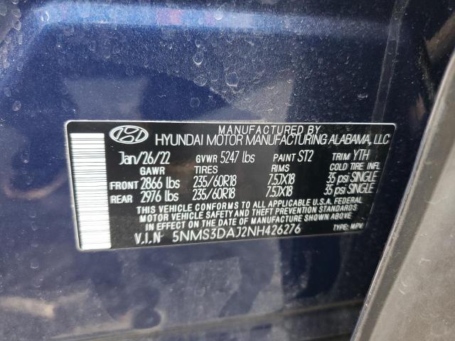 2022 Hyundai Santa Fe Sel VIN: 5NMS3DAJ2NH426276 Lot: 53848254