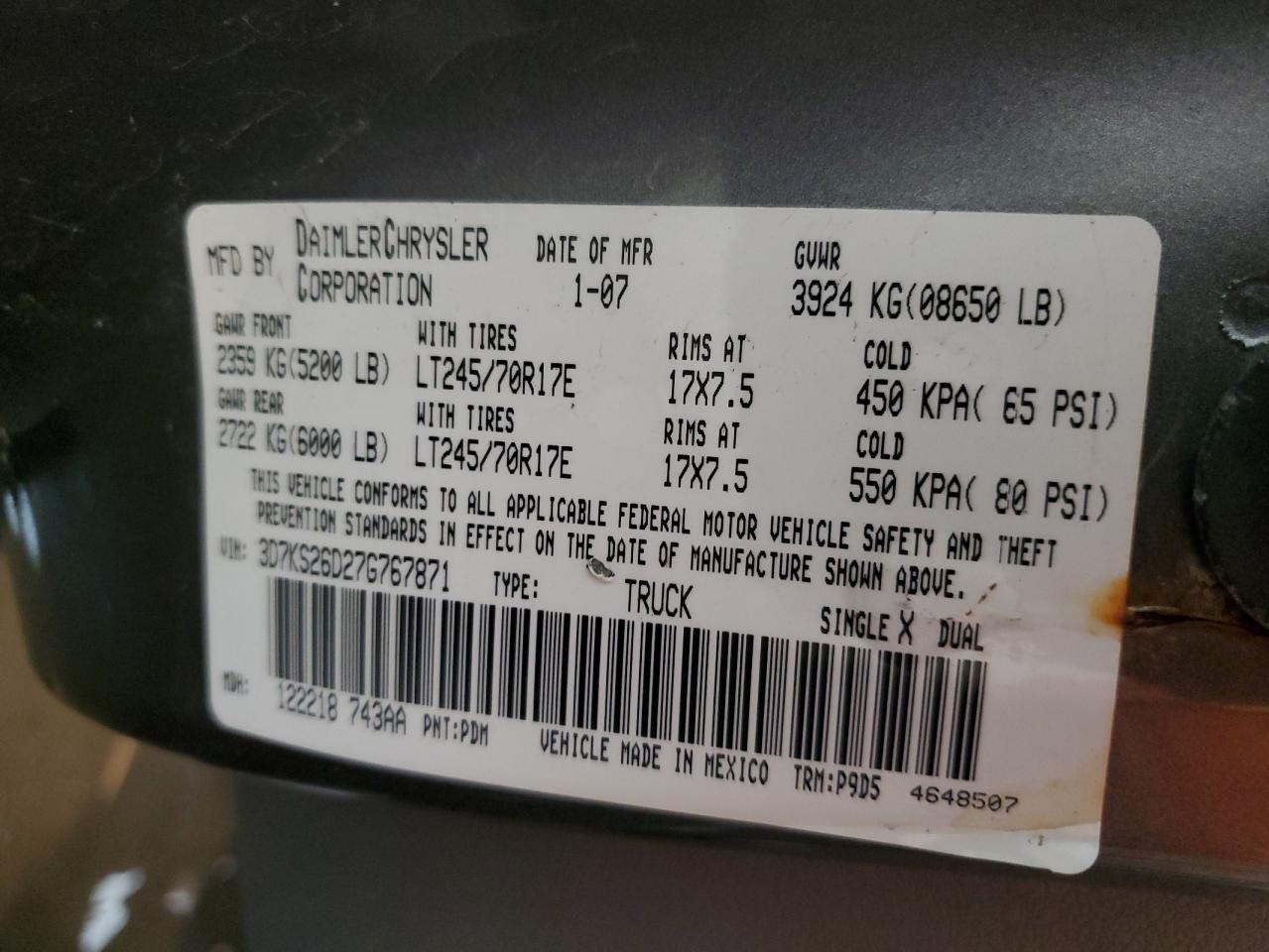 3D7KS26D27G767871 2007 Dodge Ram 2500 St