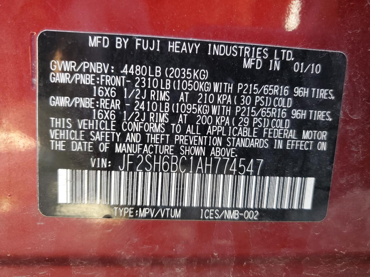 JF2SH6BC1AH774547 2010 Subaru Forester Xs