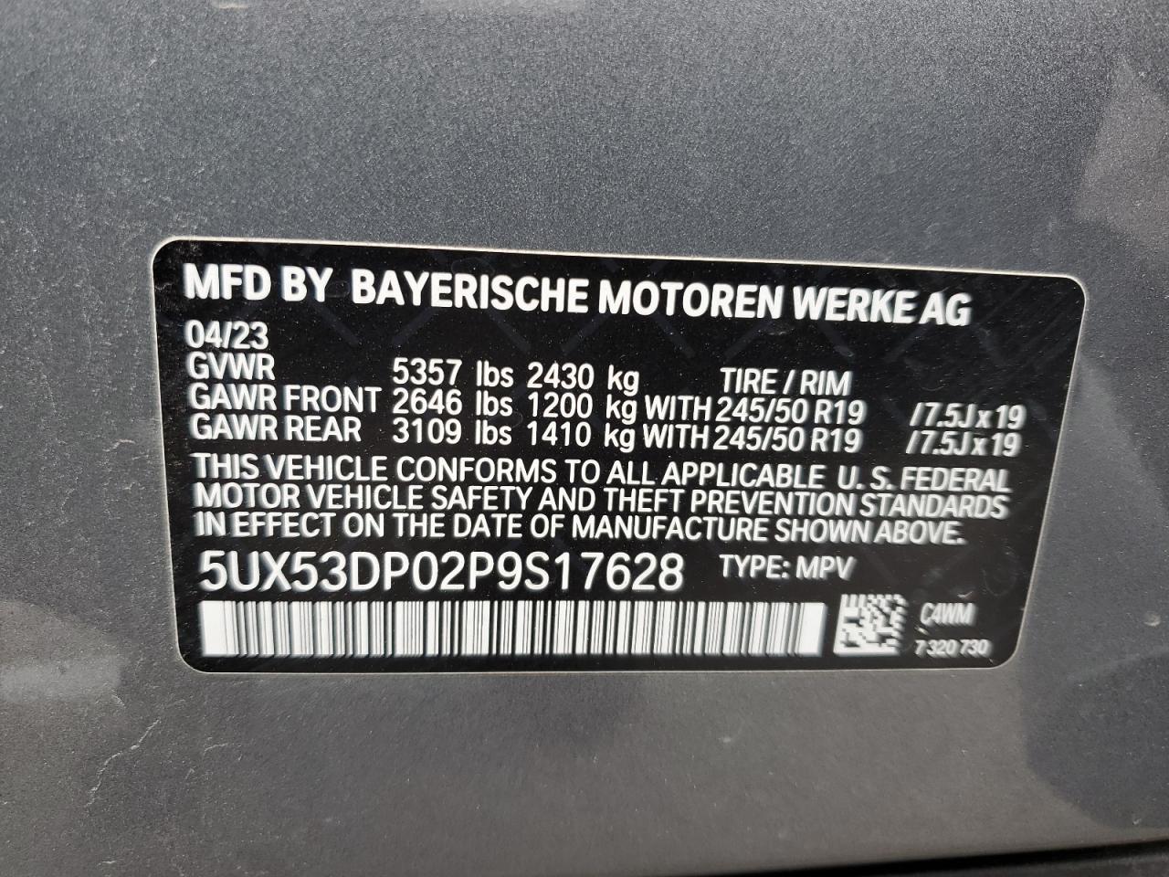 5UX53DP02P9S17628 2023 BMW X3 xDrive30I