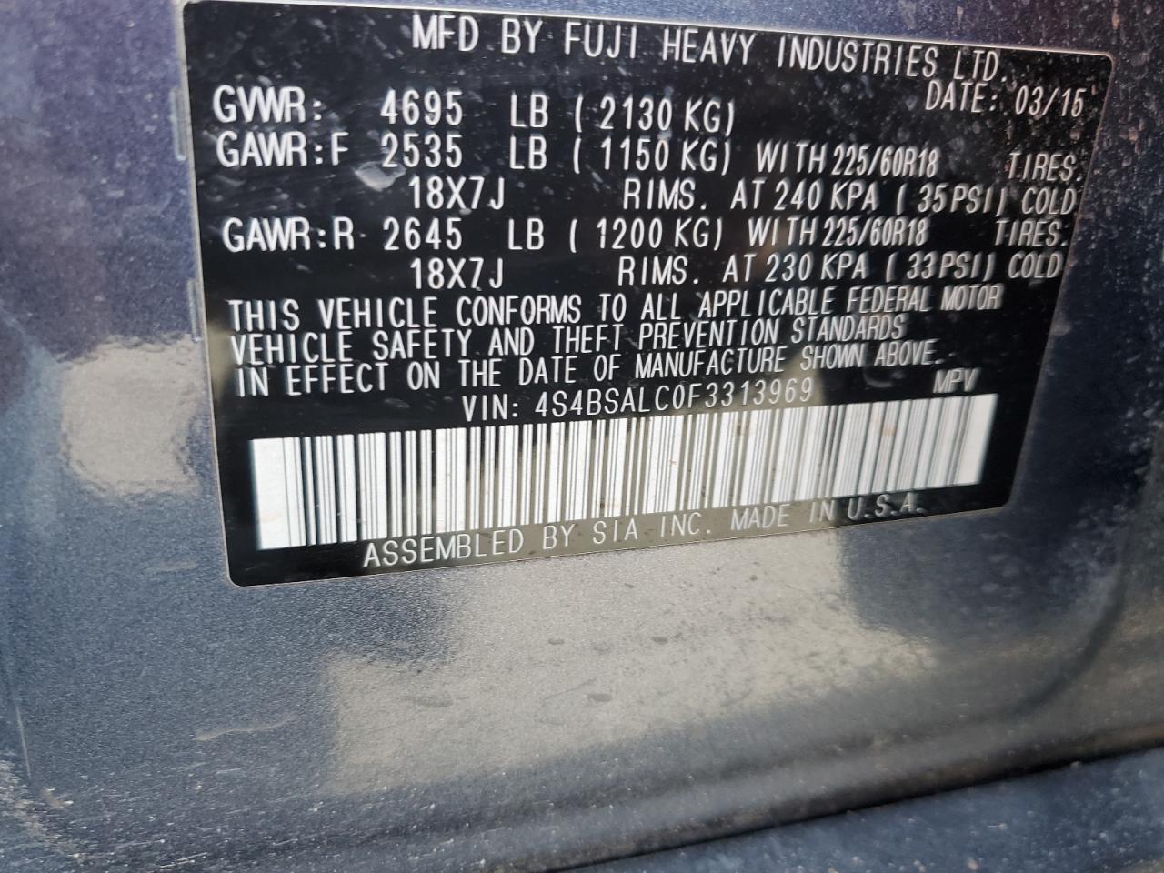 4S4BSALC0F3313969 2015 Subaru Outback 2.5I Limited