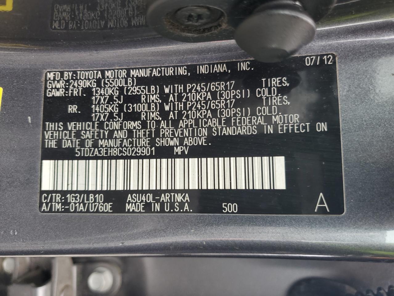 5TDZA3EH8CS029901 2012 Toyota Highlander Base