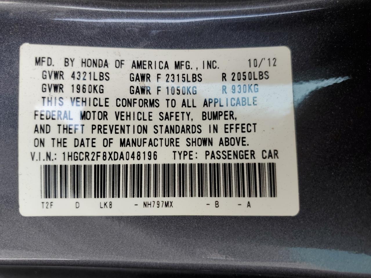 1HGCR2F8XDA048196 2013 Honda Accord Exl