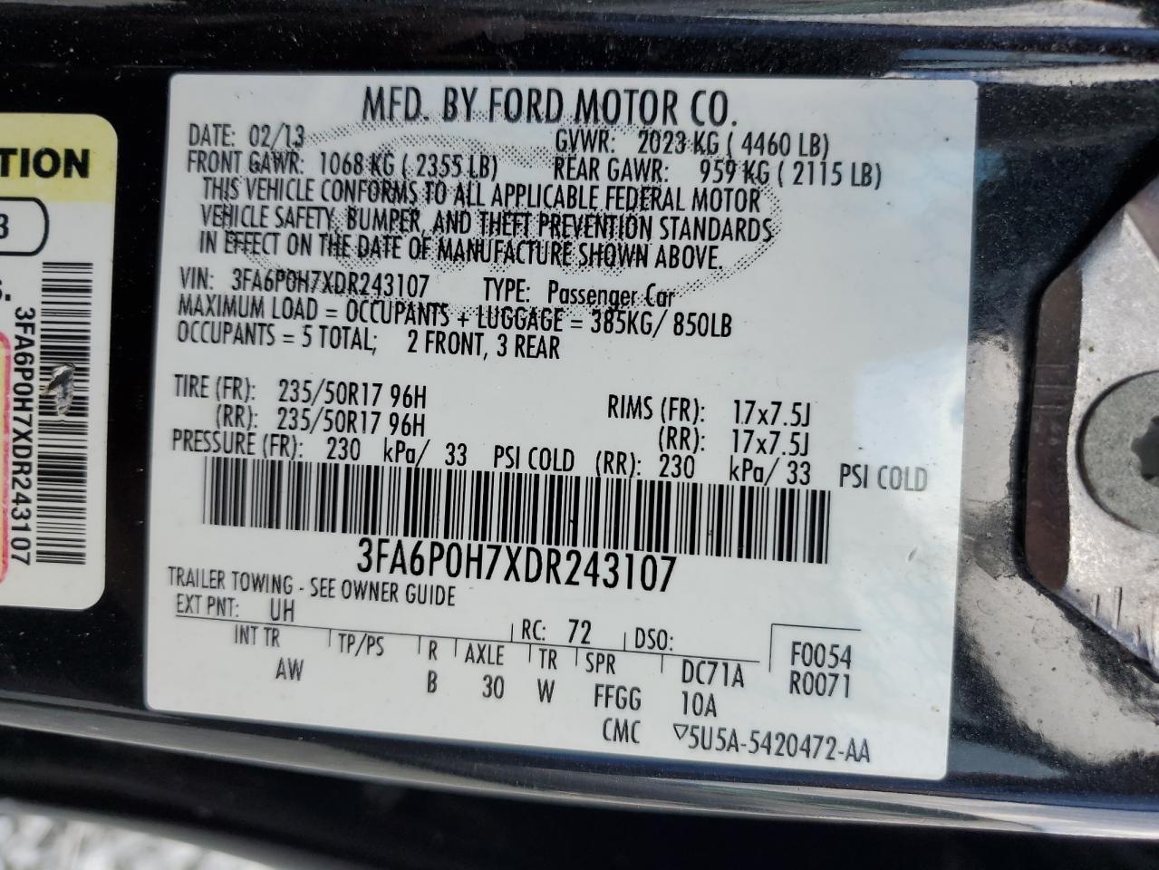 2013 Ford Fusion Se vin: 3FA6P0H7XDR243107